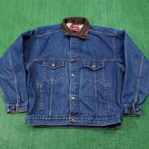 Vintage Marlboro Country Store Jacket Mens XL Blue Denim Leather Collar Bomber